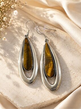 paparazzi Silver-Frame Teardrop Earrings with Brown Tiger's Eye